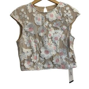 Floral Embroidered Sheer Crop Top in Nude with Pink Accents